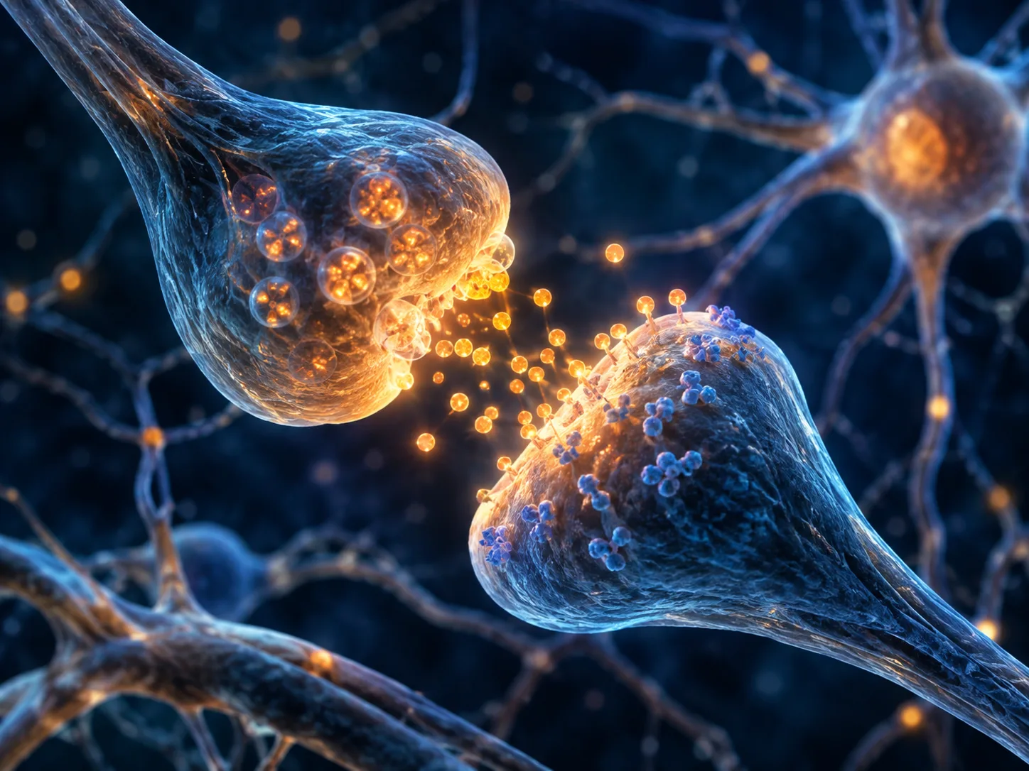 Illustration of neurons exchanging dopamine across a synapse