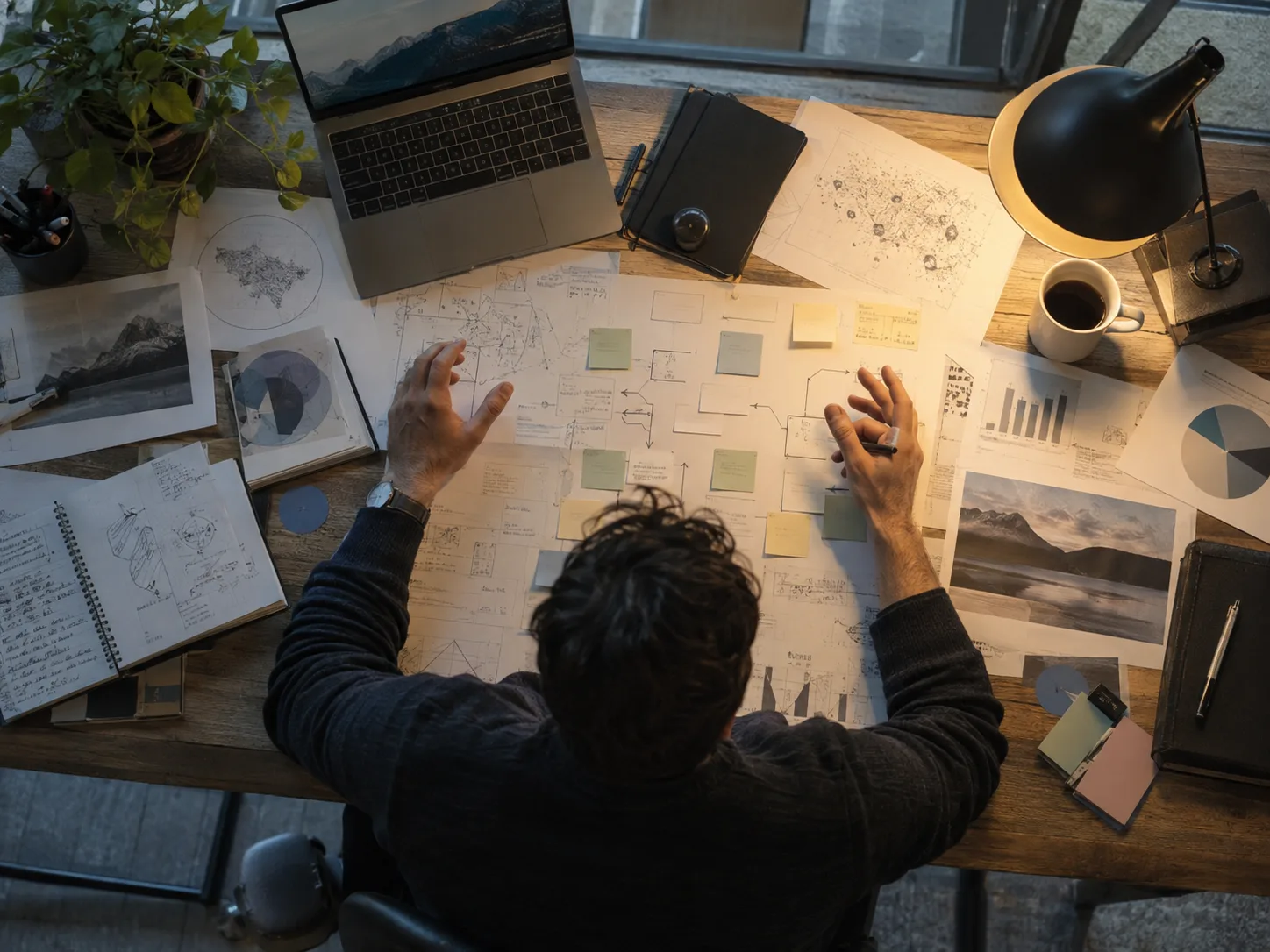 A person plans over charts and notes at a desk, deep in concentration
