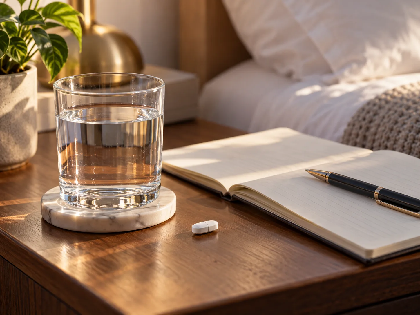 A single tablet and a glass of water on a bedside table in morning light
