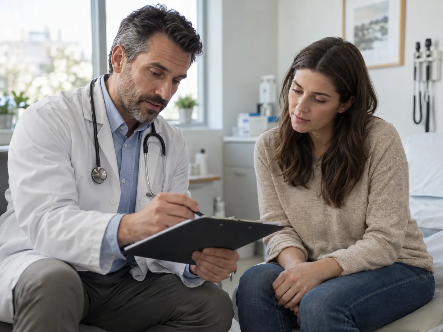 A doctor reviews information with a patient in a bright consultation room