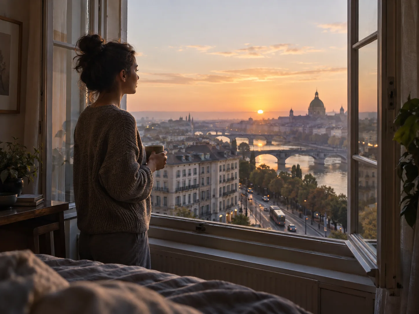 A clear-headed person looks out over a waking city in the morning