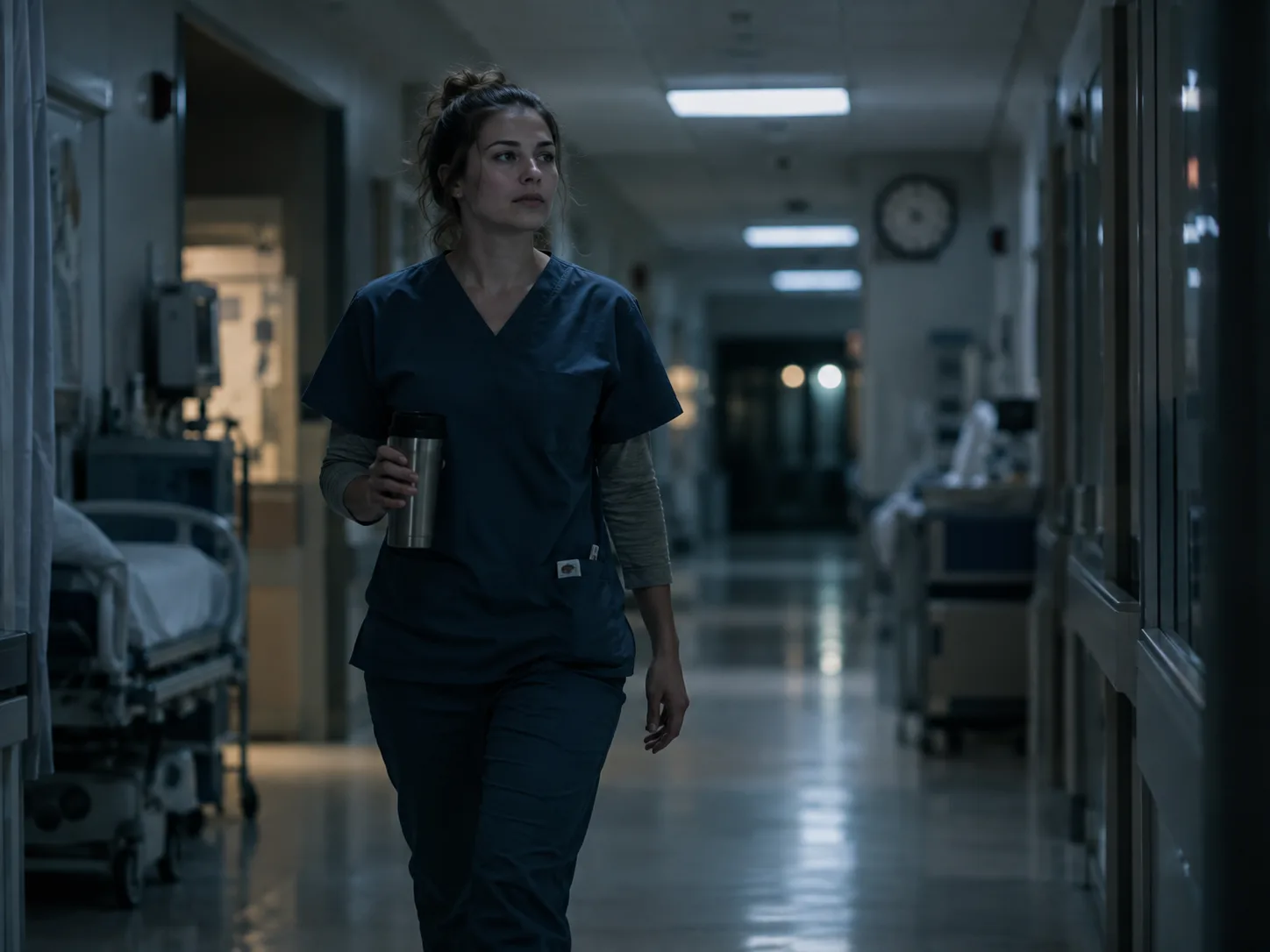 A nurse walks a quiet hospital corridor on the night shift