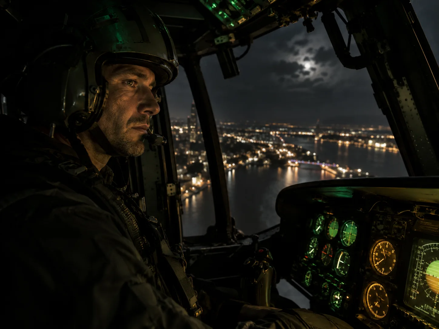 A helicopter pilot stays alert in a night cockpit