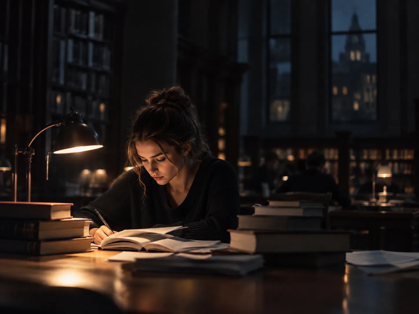 A student studies alone in a library late at night