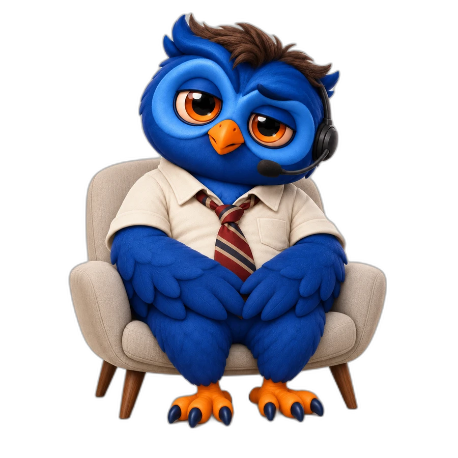 Blue owl with a headset and striped tie, seated in an armchair