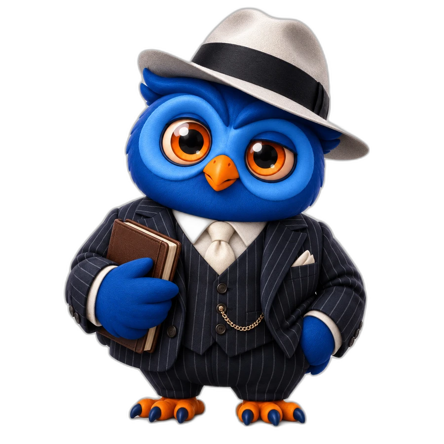 Blue owl in a pinstripe suit and cream fedora, holding a ledger