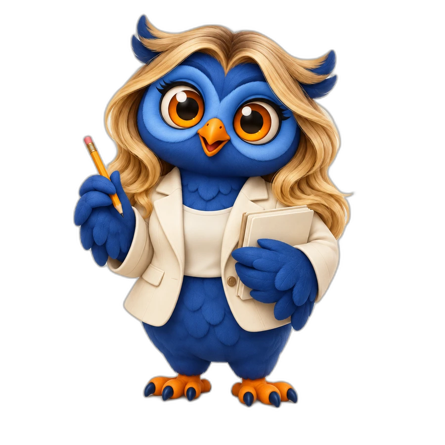 Blonde-feathered blue owl in a cream blazer, holding a pencil and manuscript