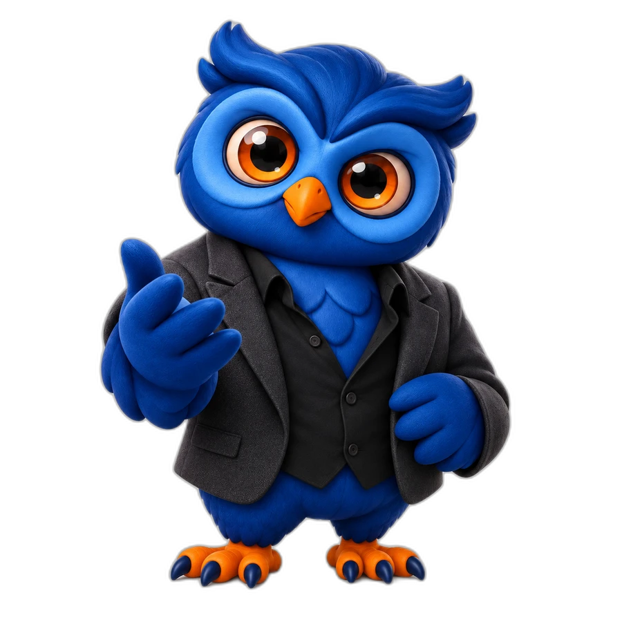 Blue owl in a charcoal suit, making a welcoming gesture