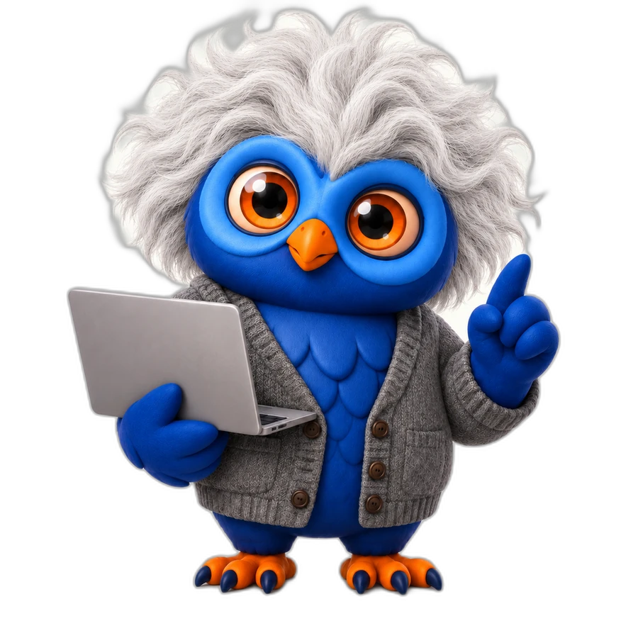 Blue owl with wild white feather tufts and a grey knitted cardigan, holding a laptop with one wing raised