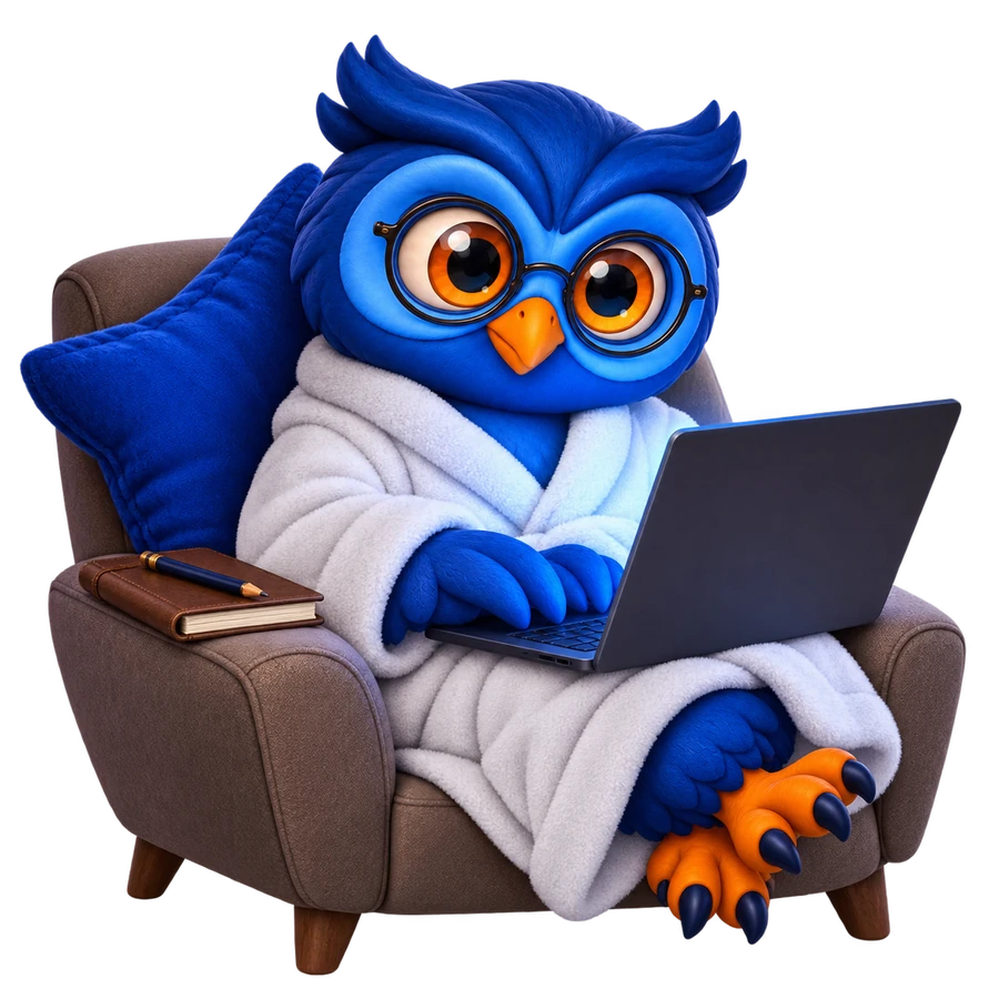 Night Owl, a blue owl in round glasses and a white dressing gown, typing on a laptop in a brown armchair with a notebook on the armrest